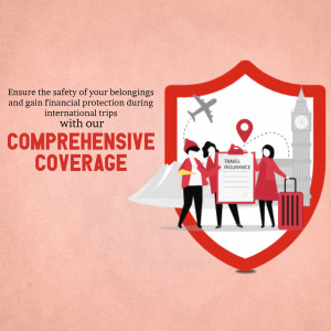 A promotional graphic for travel insurance featuring people with luggage, an airplane, and the Big Ben clock tower inside a red shield symbol.