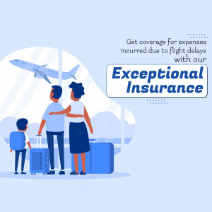 A family of three standing at an airport terminal looking out at an airplane, advertising exceptional travel insurance for flight delays.