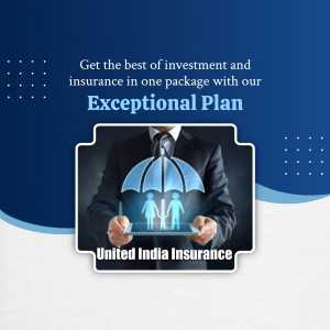 A professional advertisement by United India Insurance showcasing an investment and insurance plan with a businessman holding a digital umbrella over a family icon.