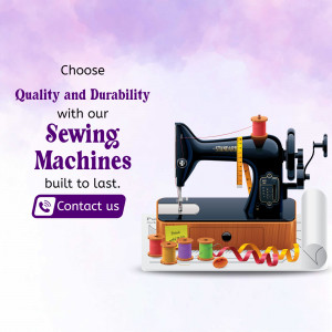 A professional sewing machine with colorful thread spools on a watercolor purple background.