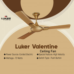 Luker Valentine ceiling fan in gold finish against a beige background