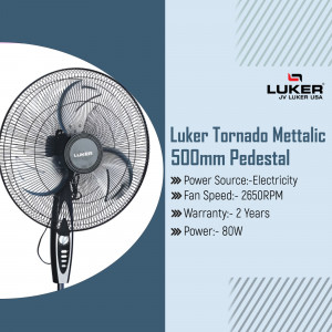 Luker Tornado Metallic 500mm pedestal fan featuring 80W power and high speed performance.
