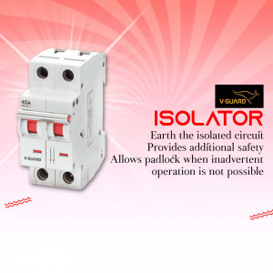 V-Guard electrical isolator switch on a light pink radiant background