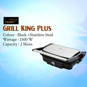 V-Guard Grill King Plus sandwich maker with 1500W power and 2-slice capacity in black and stainless steel finish
