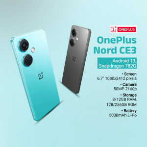 OnePlus Nord CE3 smartphone in blue and gray showing camera, screen, and storage specs