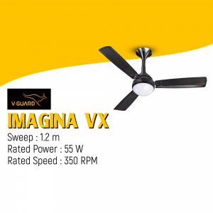 V-Guard Imagina VX ceiling fan with stylish black blades and LED light in a studio setting
