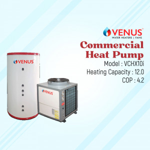 Venus brand commercial heat pump model VCHX10i with water storage tank