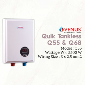 Venus Quik Tankless electric water heater Q55 model with technical specifications shown on a white background