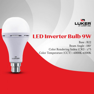 A Luker 9W LED inverter bulb featuring technical specifications against a red and gray graphic background.