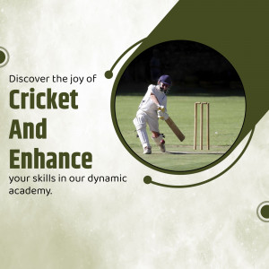 Young cricket player practicing batting on a pitch with a bat and stumps, used for a cricket academy advertisement.
