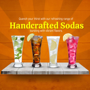 Four tall glasses of different refreshing handcrafted sodas on a wooden surface against an orange background