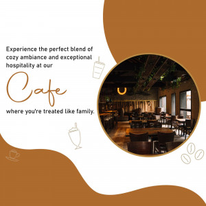 A cozy cafe interior featured within a circular frame on a branded background with text about hospitality.
