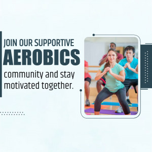 A group of people performing aerobic squats in a fitness class with text overlay advertising a supportive community