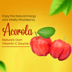 Fresh acerola cherries against a yellow background promoting natural vitamin C energy