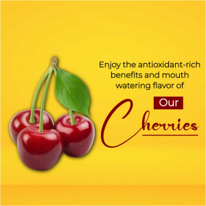 Fresh red cherries on a yellow background with promotional text about flavor and health benefits