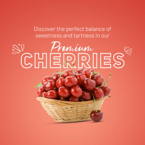 A basket of fresh, glossy red cherries on a coral background with promotional text.