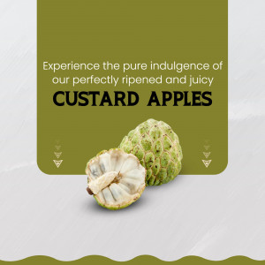 A graphic advertisement featuring a whole and a halved fresh custard apple on a sage green background.