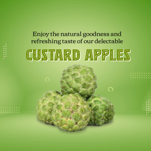 A stack of fresh green custard apples on a light green background with text overlay