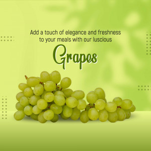 A cluster of fresh green grapes against a bright lime green background with promotional text.