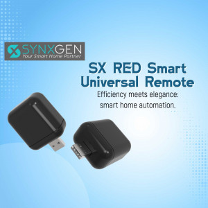 Two black SX RED smart universal remote control units with USB connectivity against a light blue gradient background.