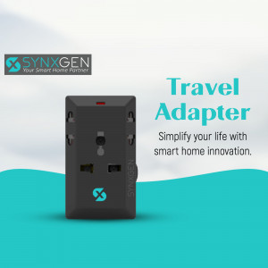 A sleek black Synxgen universal travel adapter displayed against a light grey and turquoise background.