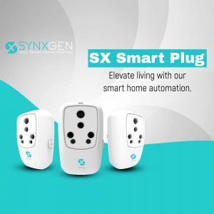 Three Synxgen SX smart plugs displayed against a modern teal and white abstract background
