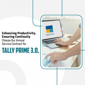Professional using a laptop with Tally Prime software for annual service contract