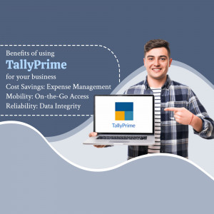 A young man presenting TallyPrime software features on a laptop screen