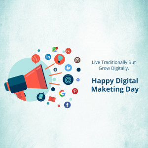 Megaphone graphic with digital marketing icons and the text Happy Digital Marketing Day