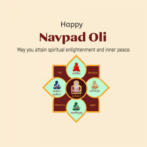 Happy Navpad Oli greeting card featuring a central Navpad Yantra design with spiritual figures.