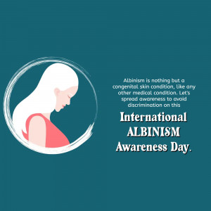 An illustration of a person with albinism framed in a circle with text about International Albinism Awareness Day.