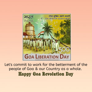 A poster featuring a commemorative stamp design for Goa Liberation Day with people marching and the Indian flag.