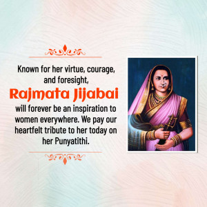 A tribute graphic honoring Rajmata Jijabai on her Punyatithi with an inspiring quote.