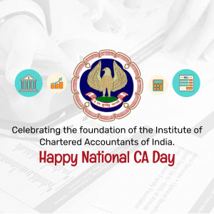 A celebratory graphic for National CA Day featuring the ICAI emblem, financial icons, and celebratory text.