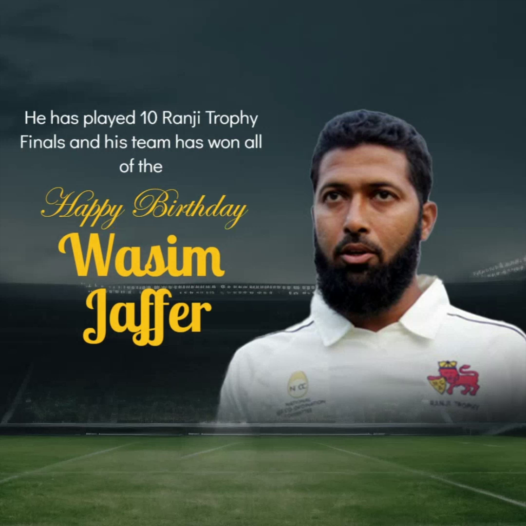 Wasim Jaffer birthday graphic with cricket stadium background