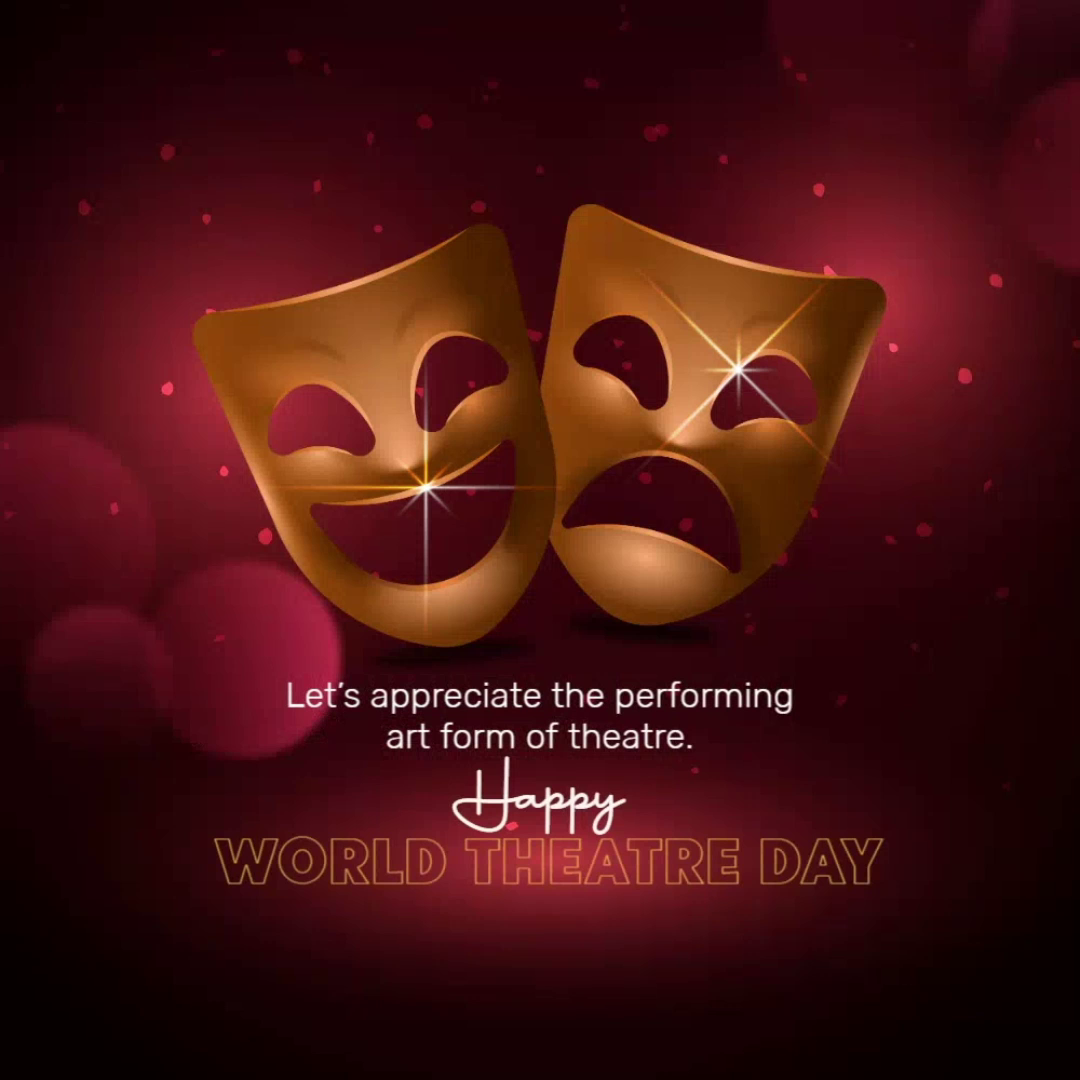 Gold comedy and tragedy theatre masks on a dark red bokeh background for World Theatre Day
