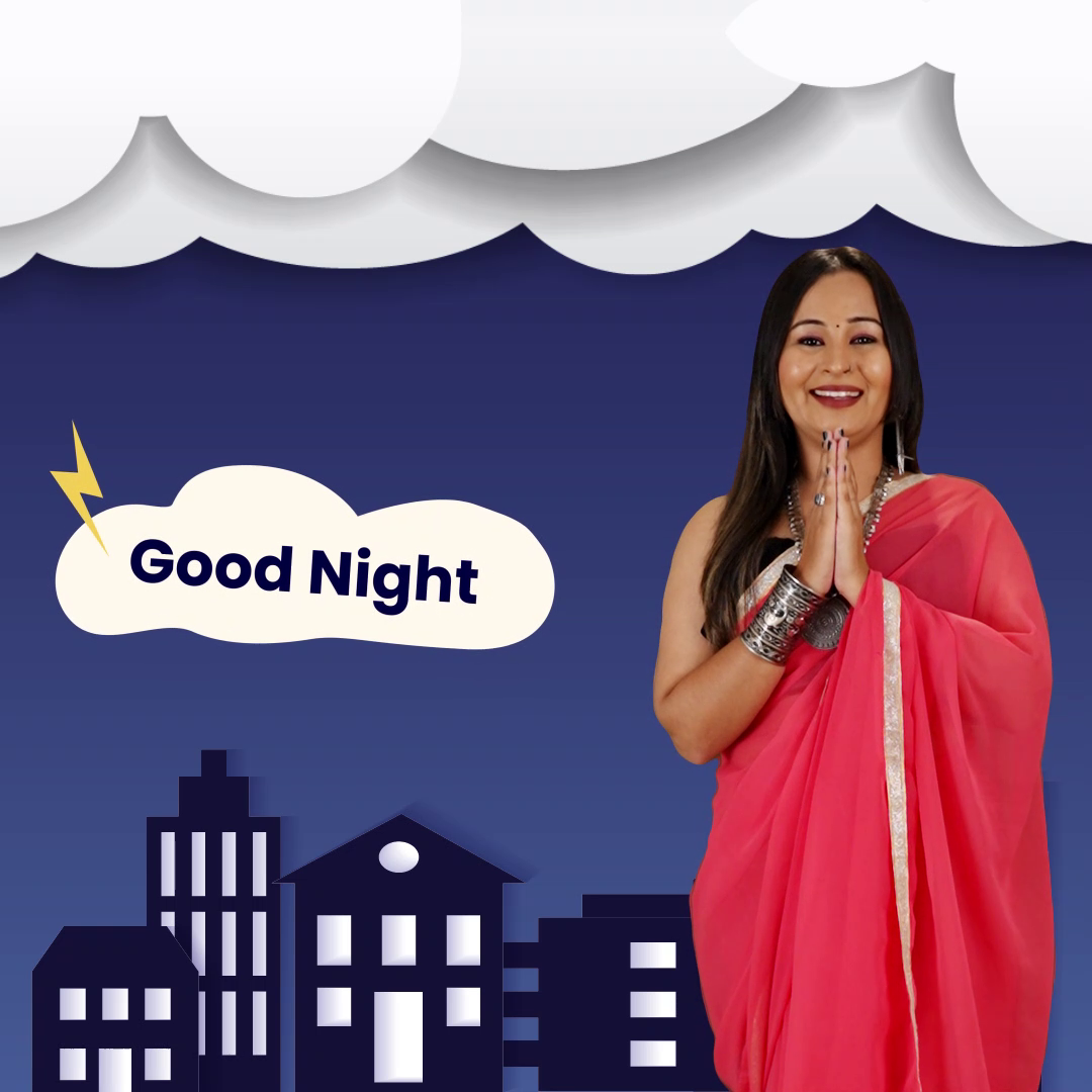 A woman wearing a pink saree with hands joined in a Namaste gesture next to a Good Night speech bubble and city silhouette.