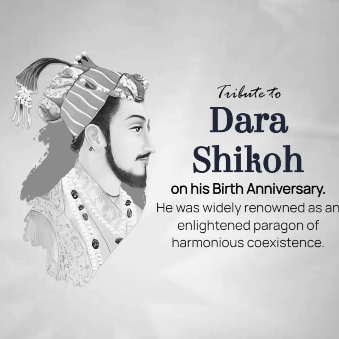A portrait of Dara Shikoh on a grey background with celebratory text.
