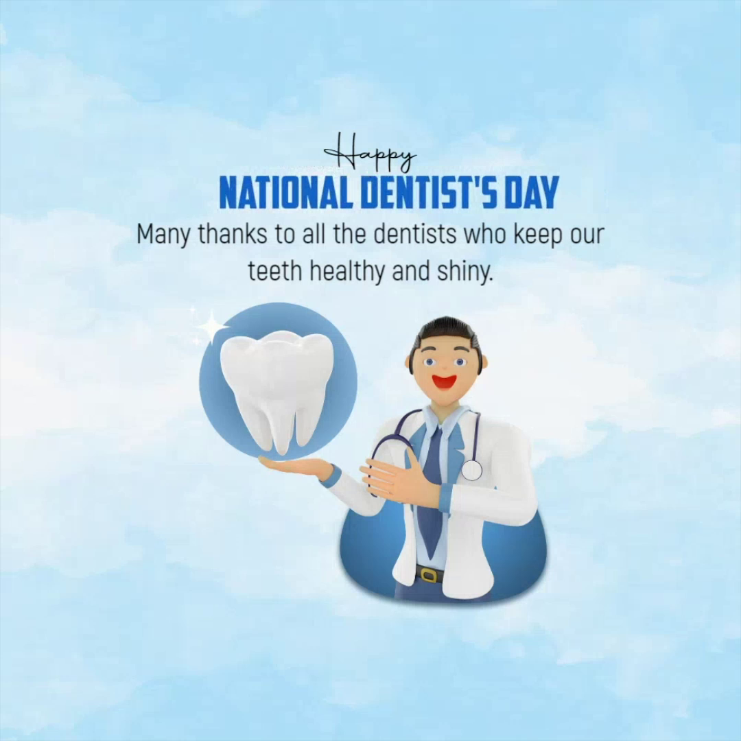 A cartoon dentist showing a clean white tooth to celebrate National Dentist's Day on a light blue cloudy background.