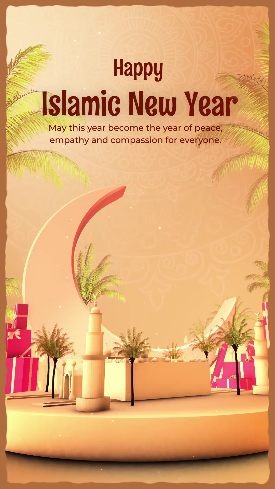 An artistic greeting for the Islamic New Year featuring a crescent moon, mosque, palm trees, and gift boxes in warm golden and pink tones.