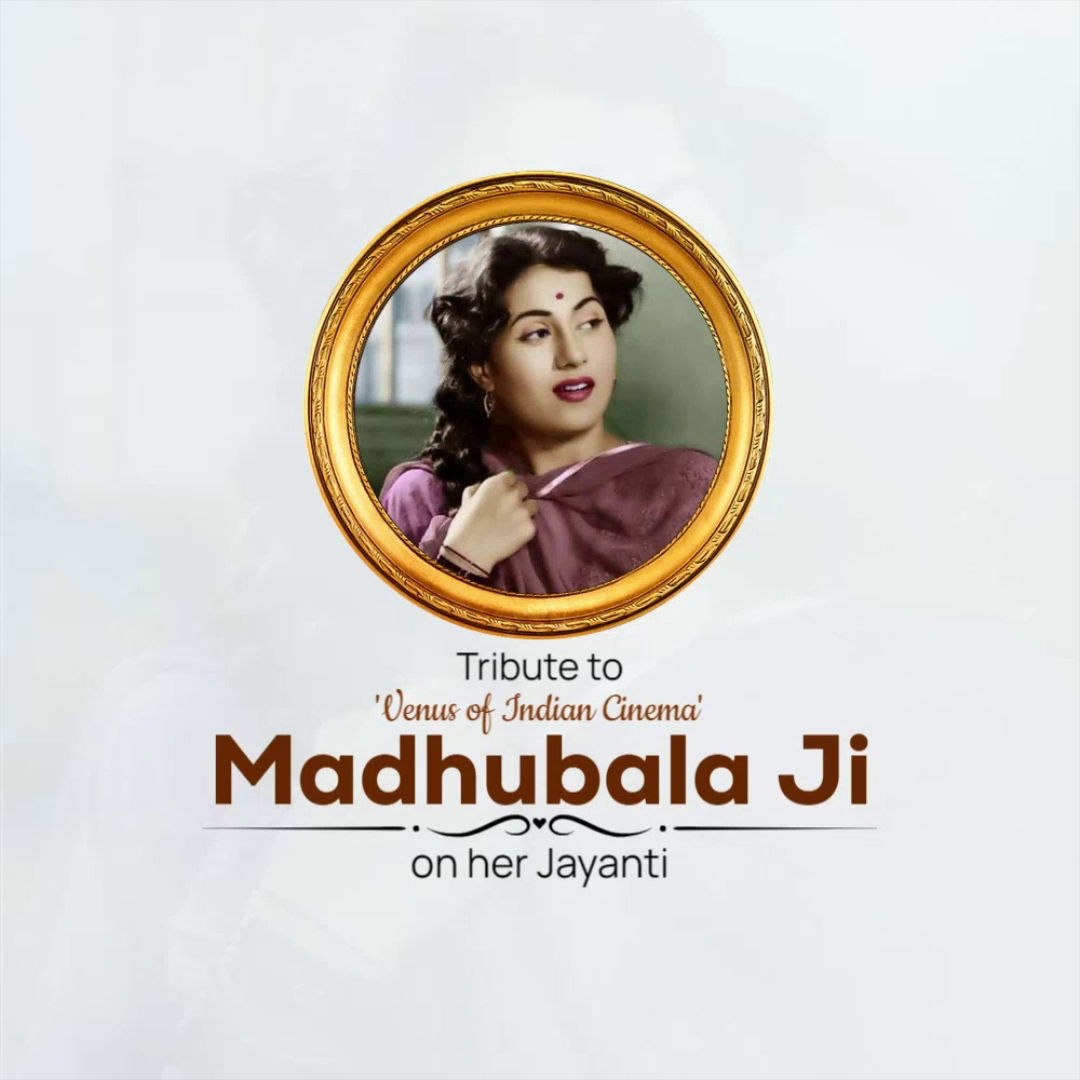 A tribute graphic featuring the iconic Bollywood actress Madhubala framed in gold with text honoring her Jayanti.