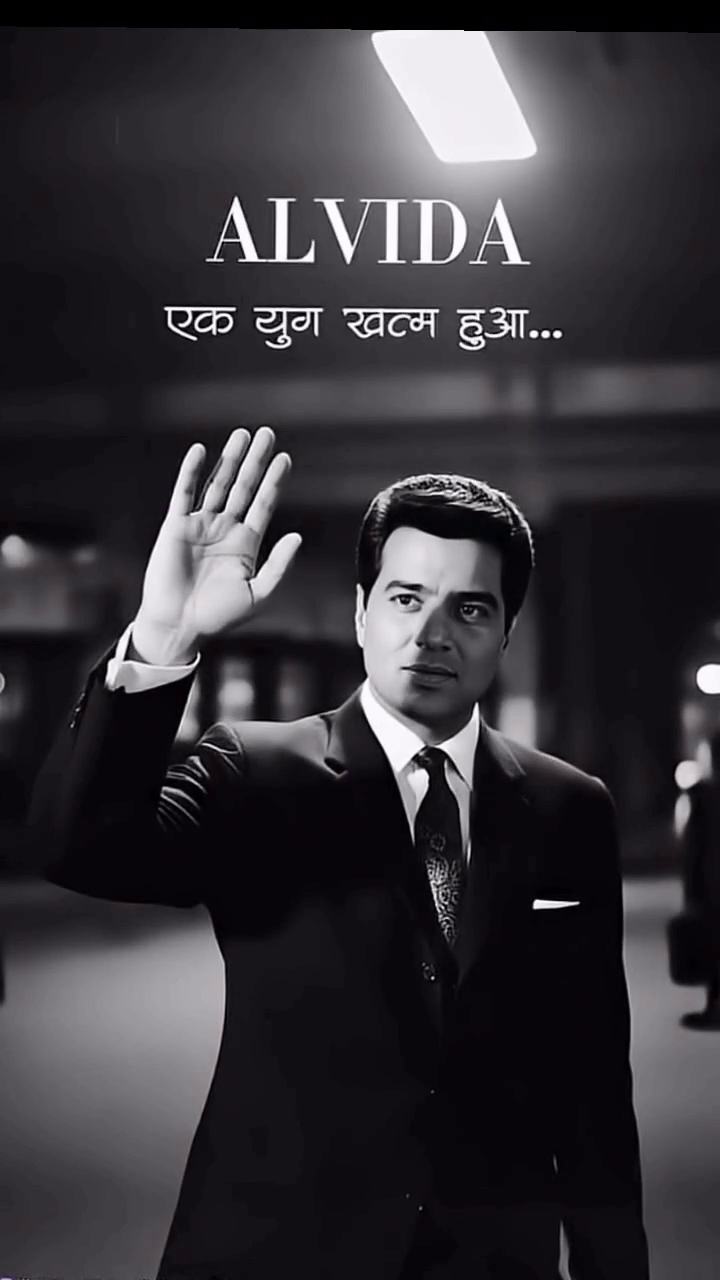 A somber black and white image of a man in a suit waving goodbye with the text Alvida Ek Yug Khatm Hua