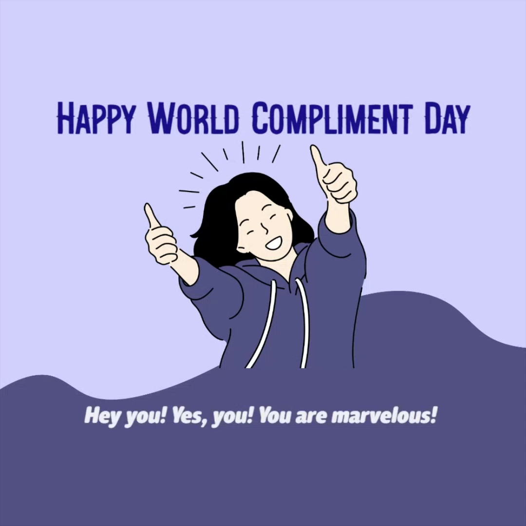 An illustration of a smiling person giving double thumbs up with text celebrating World Compliment Day