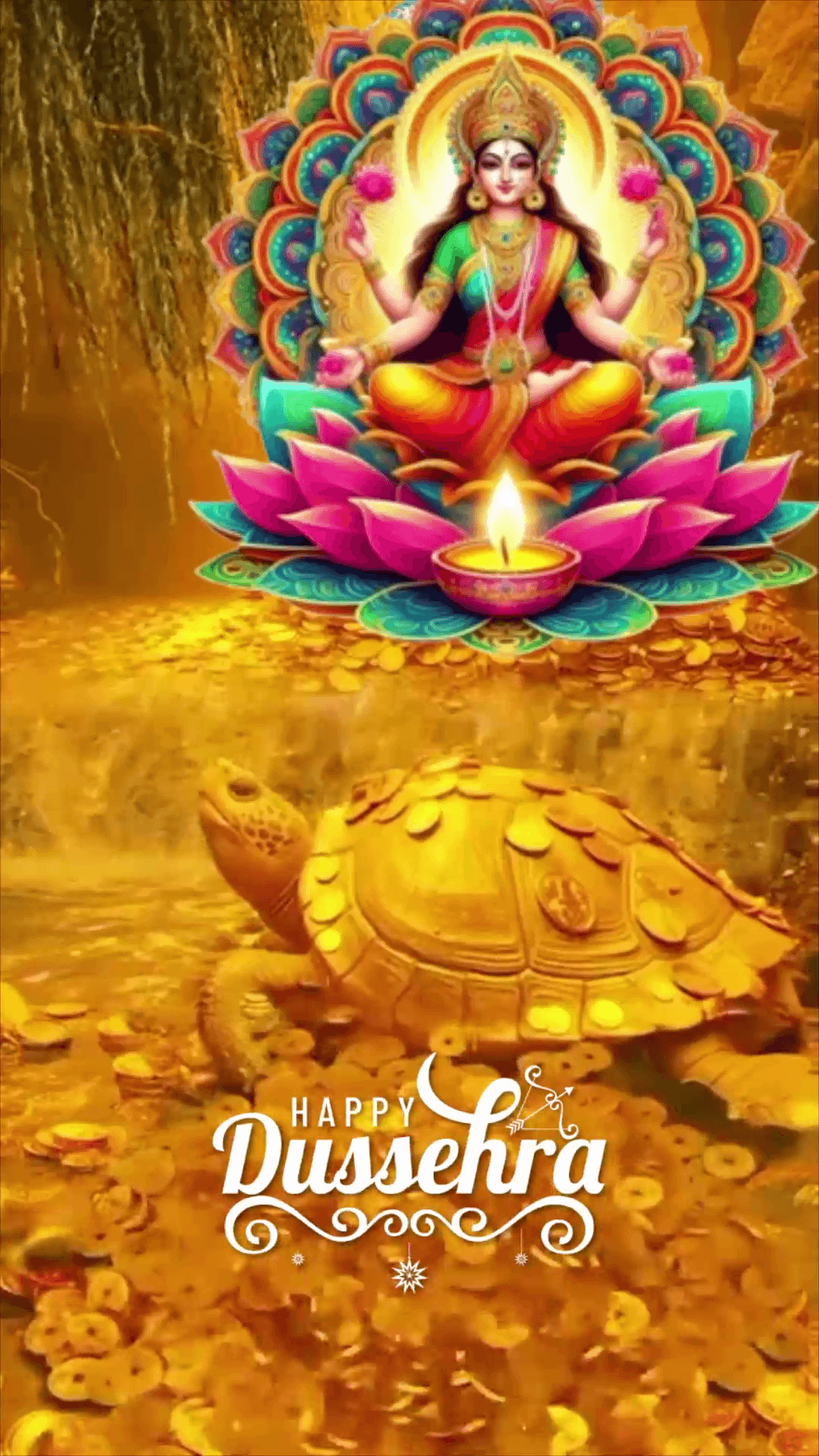 Goddess Lakshmi sitting on a lotus flower above a gold turtle with Happy Dussehra text overlay