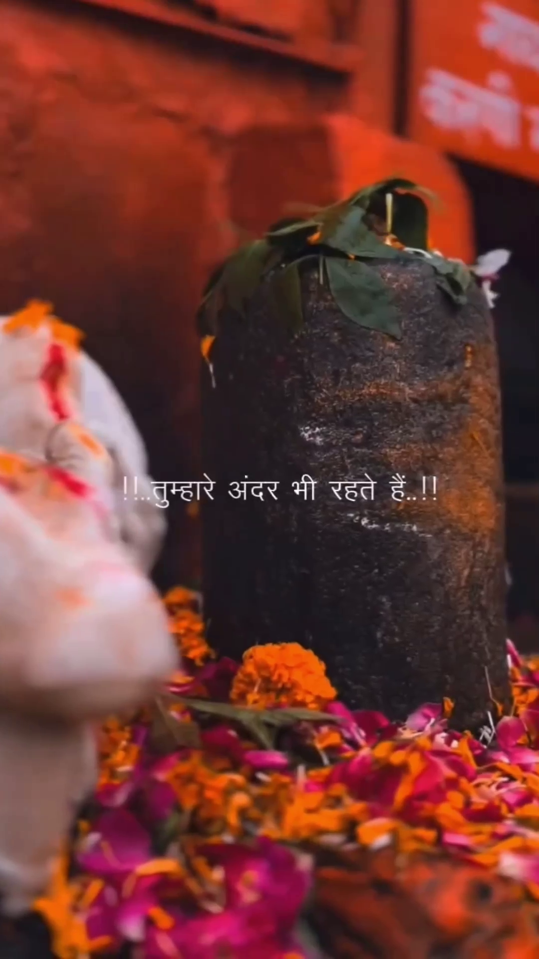 Lord Shiva Shivling decorated with marigold flowers and rose petals with spiritual Hindi text