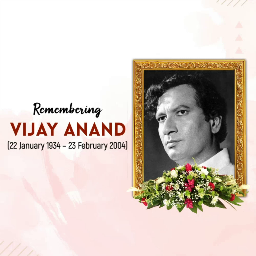 A tribute graphic remembering Indian filmmaker Vijay Anand with a framed portrait and floral arrangement.