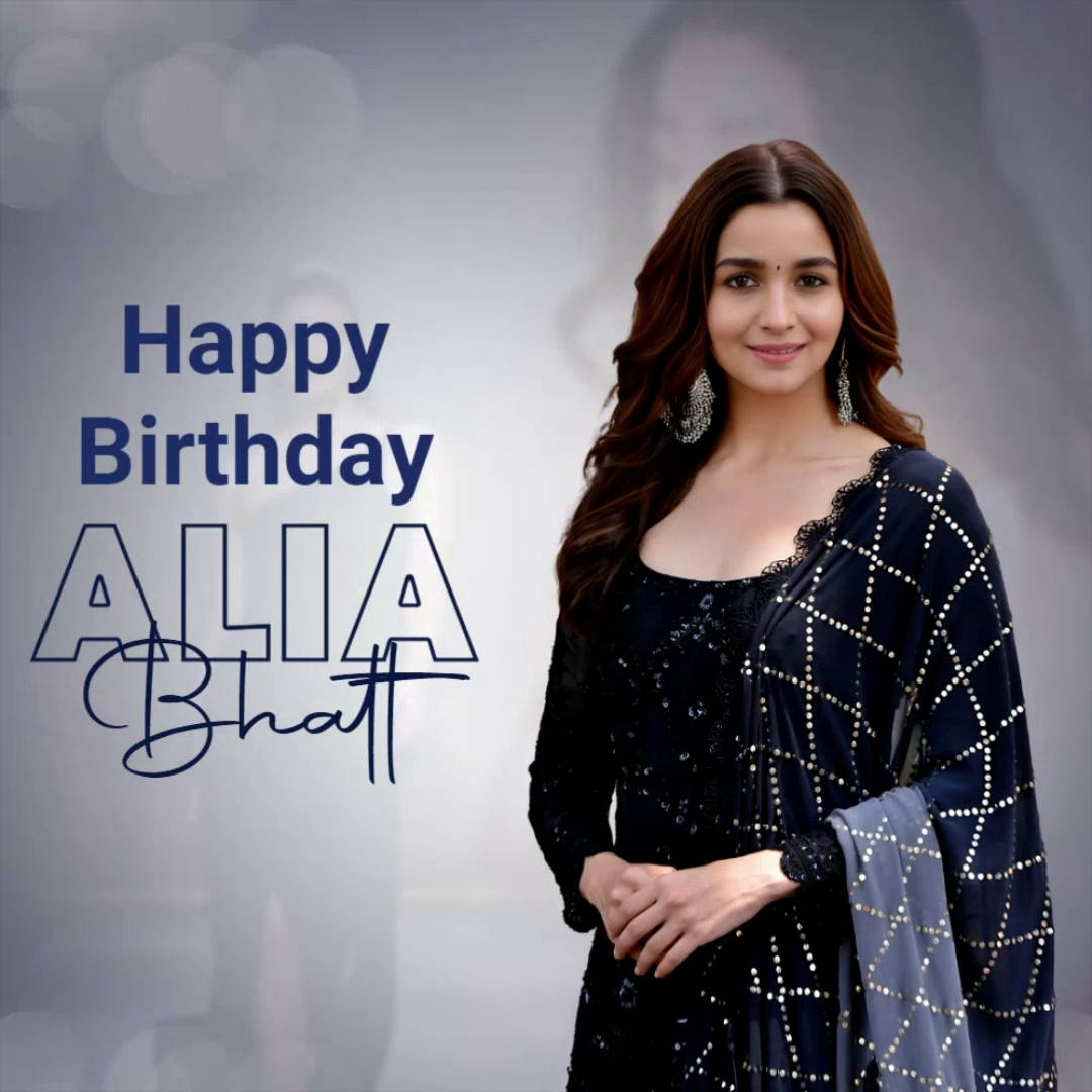 Alia Bhatt smiling, wearing a black sequined ethnic dress, with Happy Birthday text overlay.