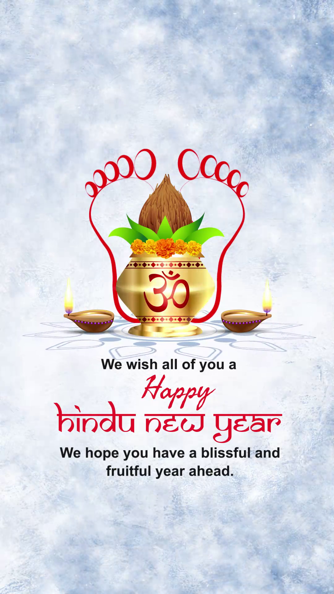 A celebratory Hindu New Year card featuring a golden Kalash, Om symbol, traditional oil lamps, and goddess Lakshmi footprints on a textured light blue background.