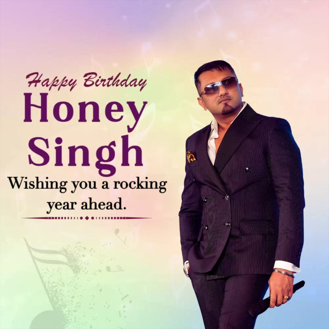 Yo Yo Honey Singh wearing a suit holding a microphone with birthday wishes