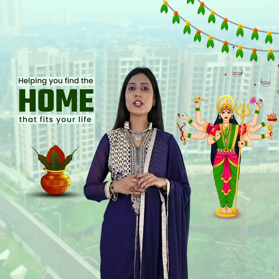 A woman presenting a real estate advertisement with Navratri cultural elements in the background.